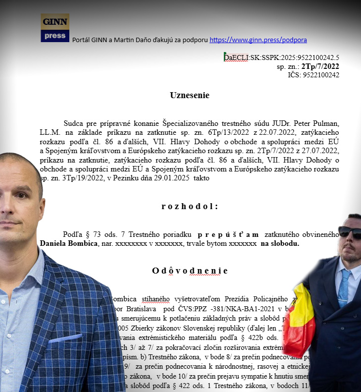 Uznesenie o nevzati do vazby Daniel Bombic