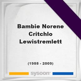 Bambie Norene Critchlo Lewistremlett, Headstone of Bambie Norene Critchlo Lewistremlett (1955 - 2009), memorial