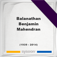Balanathan Benjamin Mahendran, Headstone of Balanathan Benjamin Mahendran (1939 - 2014), memorial
