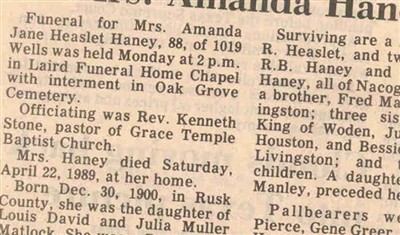 Amanda Jane Matlock Haney on Sysoon