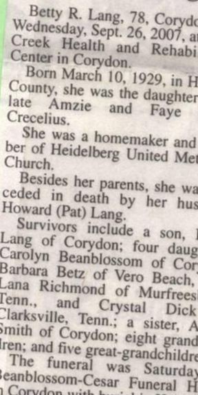 Betty R Crecelius Lang on Sysoon
