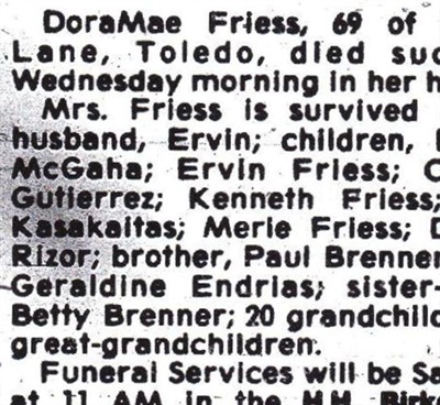 Dora Mae Brenner Friess on Sysoon