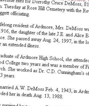 Dorrothy Cruce DeMoss on Sysoon