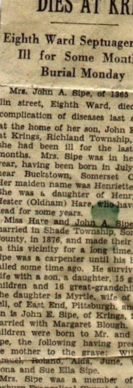 Henrietta Hare Sipe on Sysoon