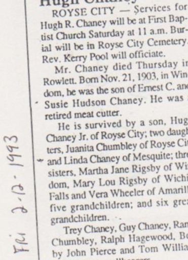 Hugh R Chaney on Sysoon