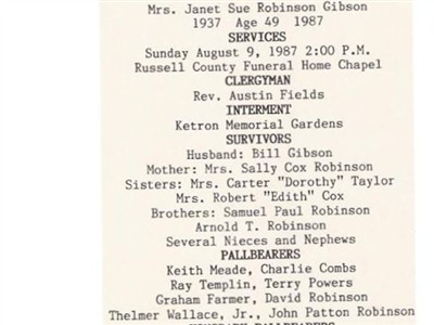 Janet Sue Robinson Gibson on Sysoon
