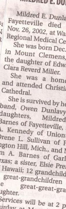Mildred E Miller Dunlavy on Sysoon