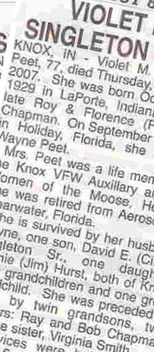 Violet M Chapman Peet on Sysoon