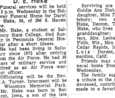 WO Daryl Eldon Hake on Sysoon